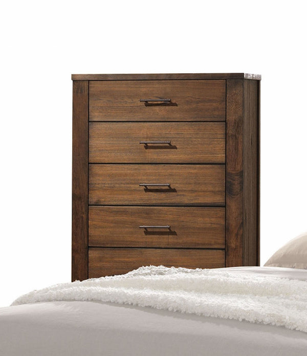 48' Oak Finish 5 Drawer Chest Dresser with Brass Metal Hardware