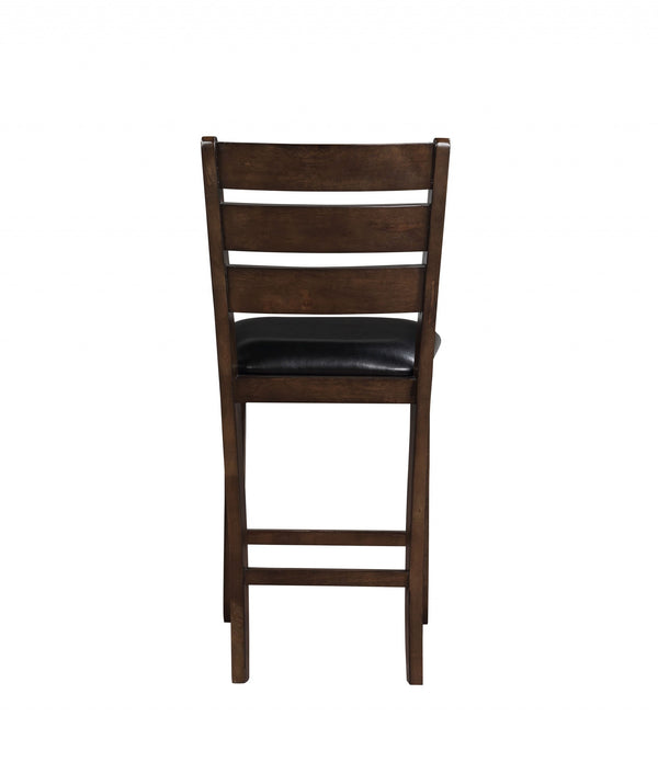 Set of 2 41' Dark Wood Finish and Black Faux Leather Ladder Back Counter Height Chairs