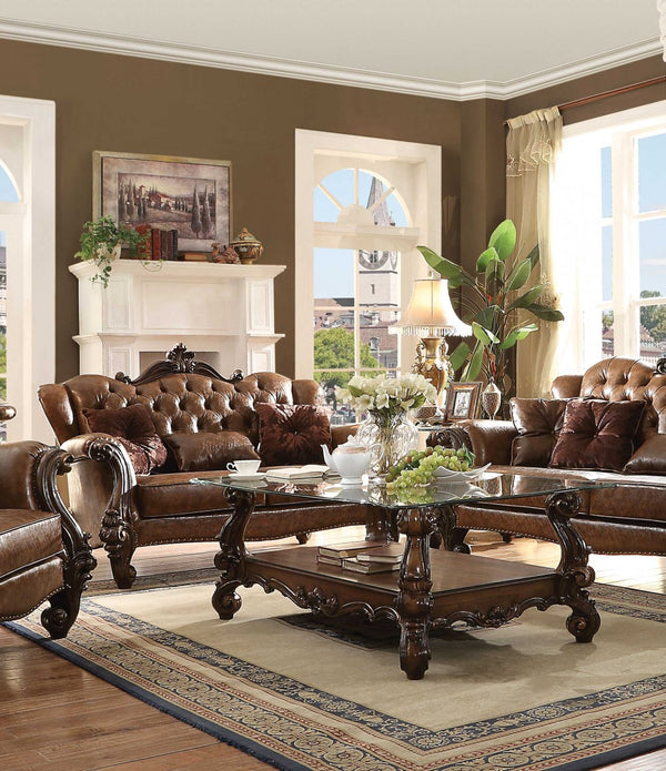 Cherry Oak Finish Wingback Distressed Faux Leather Sofa Set