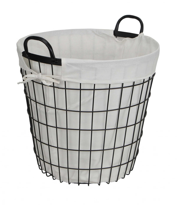 White Fabric Lined Metal Laundry Type Basket with Handle