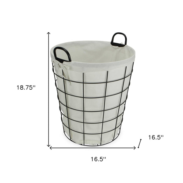 Large White Fabric Lined Metal Laundry Type Basket with Handle