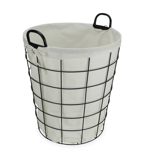 Large White Fabric Lined Metal Laundry Type Basket with Handle