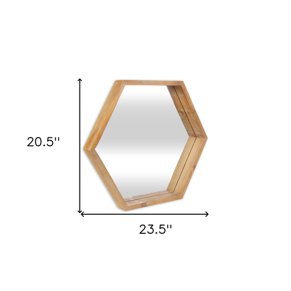 Modern Natural Wood Finish Hexagonal Wall Mirror