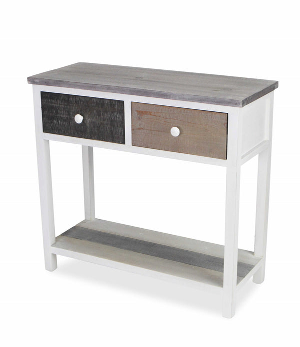 Distressed Gray and White Table with 2 Drawers and Bottom Shelf