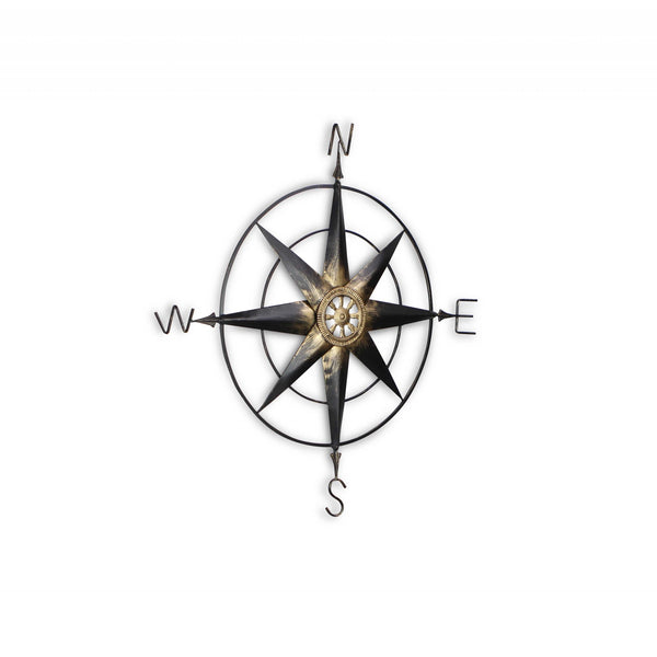 Black Metal Wall Decor Compass with Gold Center Accents