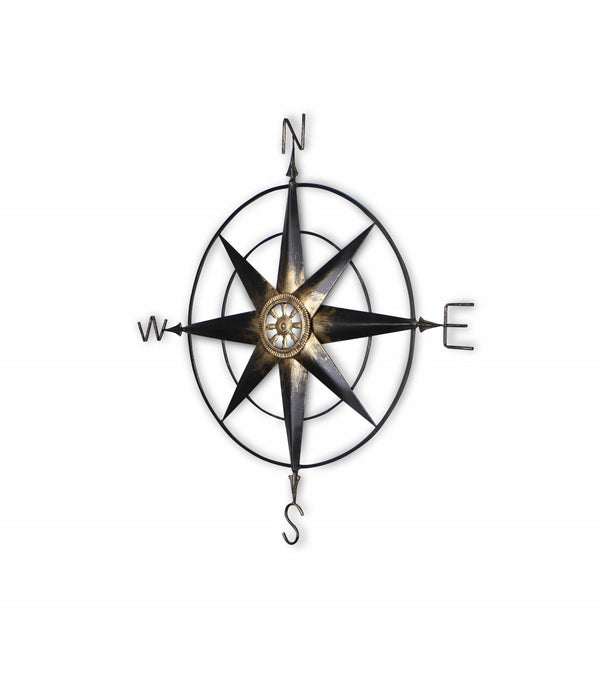 Black Metal Wall Decor Compass with Gold Center Accents