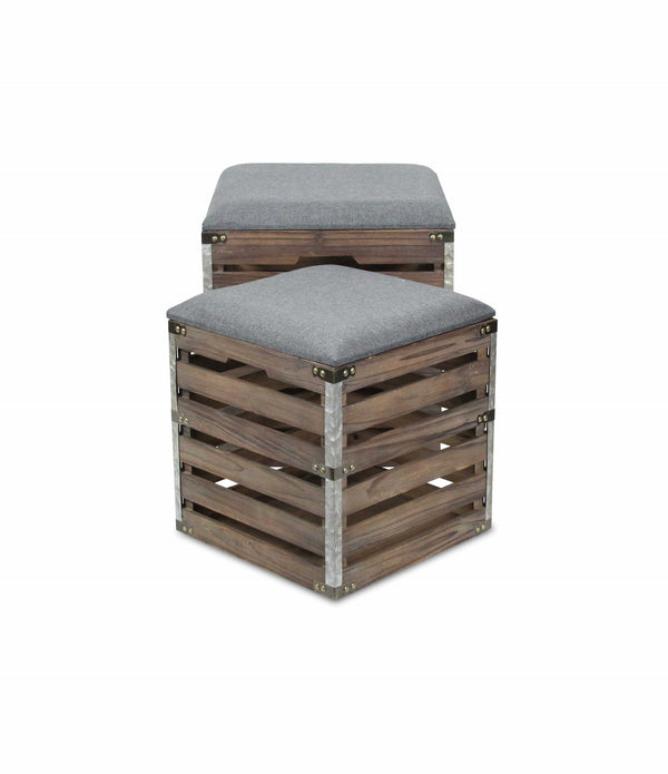 Set of 2 Square Gray Linen Fabric and Wood Slats Storage Benches