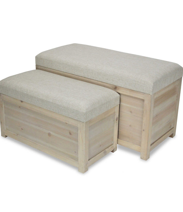 Set of 2 Rectangular White Linen Fabric and Wood Storage Benches