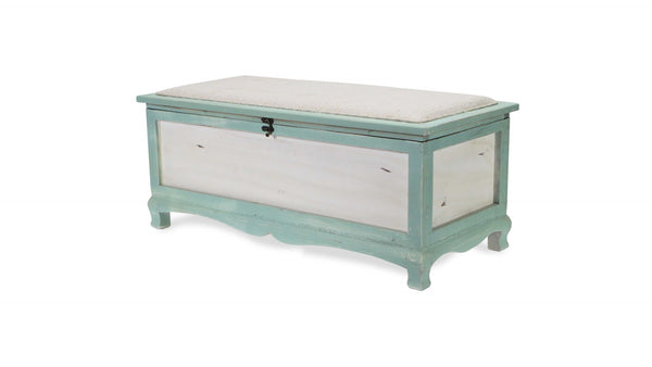 Rectangular Green Wooden with seat Cushion and inside Storage Bench