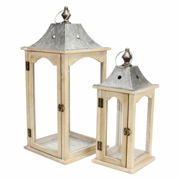 Set of 2 Brown Wood finished Frame Glass and Metal Top Lanterns