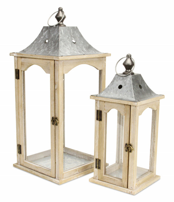 Set of 2 Brown Wood finished Frame Glass and Metal Top Lanterns