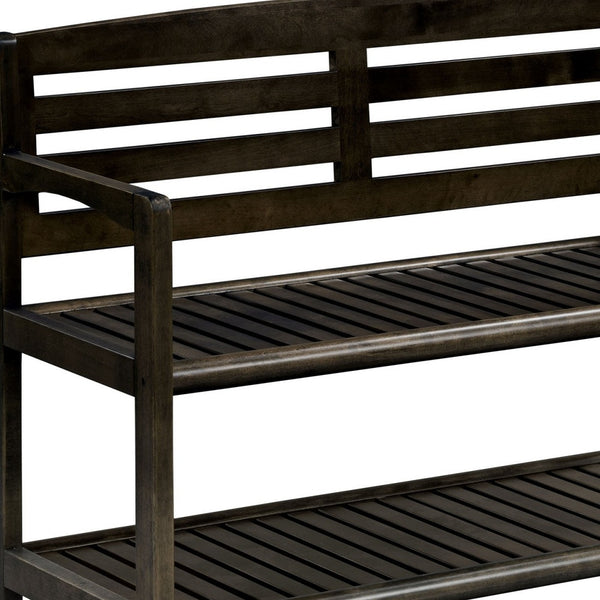 Espresso Finish Solid Wood Slat Bench with High Back and Shelf