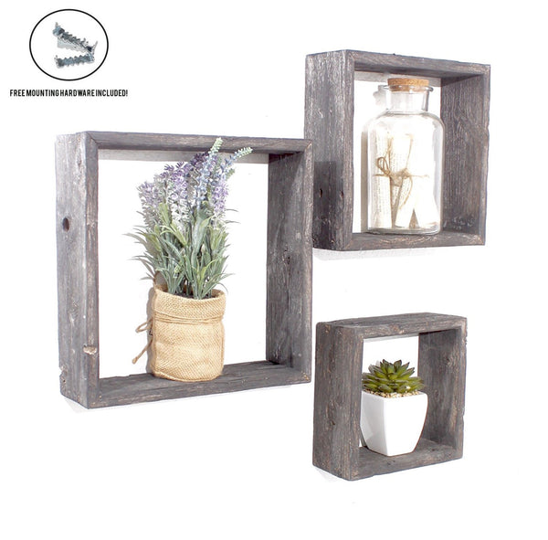 Set of 3 Square Smoky Black Reclaimed Wood Open Box Shelve