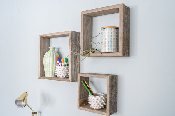 Set of 3 Square Smoky Black Reclaimed Wood Open Box Shelve