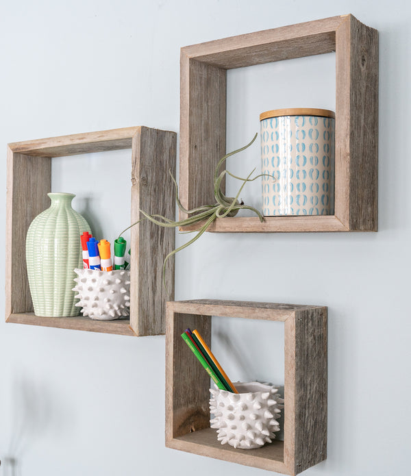 Set of 3 Square Smoky Black Reclaimed Wood Open Box Shelve