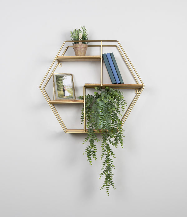 Golden Hexagonal Four Story Wall Shelf