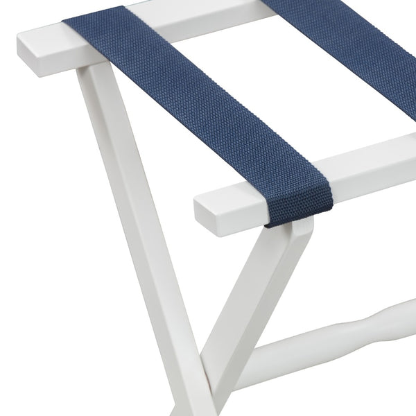 Hotel White Finish Wood Folding Luggage Rack with Navy Straps