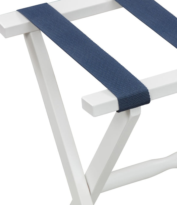 Hotel White Finish Wood Folding Luggage Rack with Navy Straps