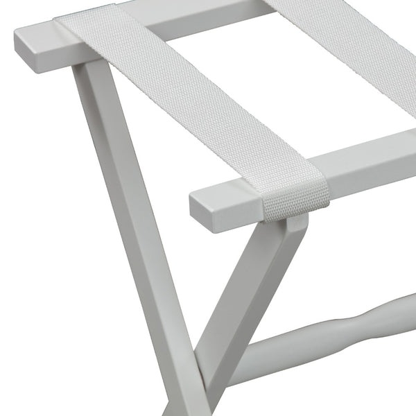 Hotel White Finish Wood Folding Luggage Rack with White Straps