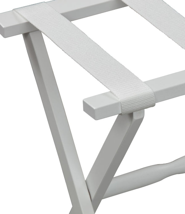 Hotel White Finish Wood Folding Luggage Rack with White Straps