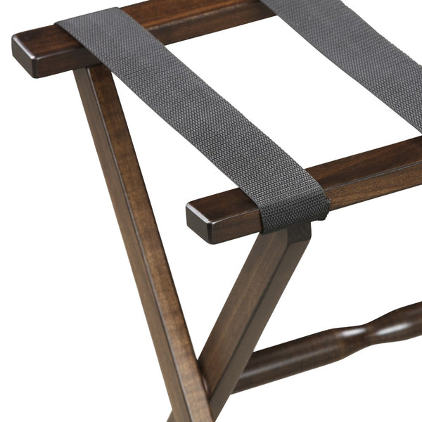 Hotel Dark Walnut Finish Wood Folding Luggage Rack with Black Straps