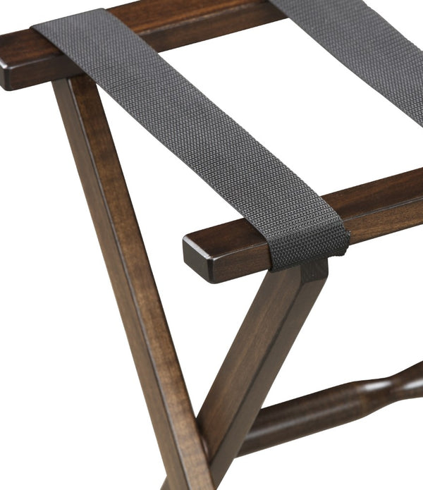 Hotel Dark Walnut Finish Wood Folding Luggage Rack with Black Straps