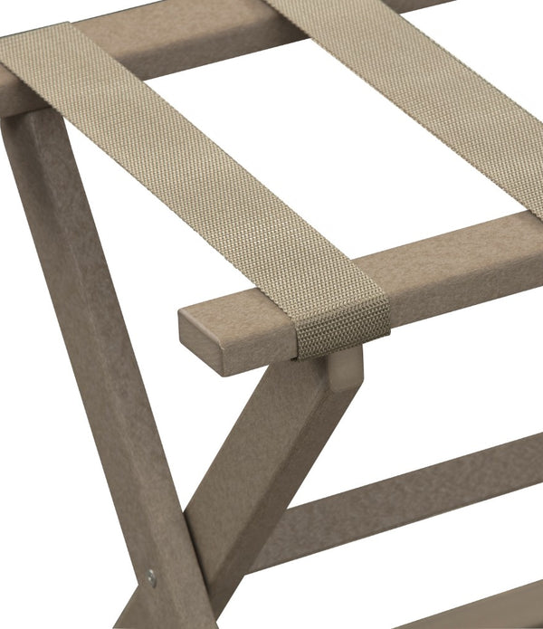 Earth Friendly Taupe Folding Luggage Rack with Dark Tan Straps