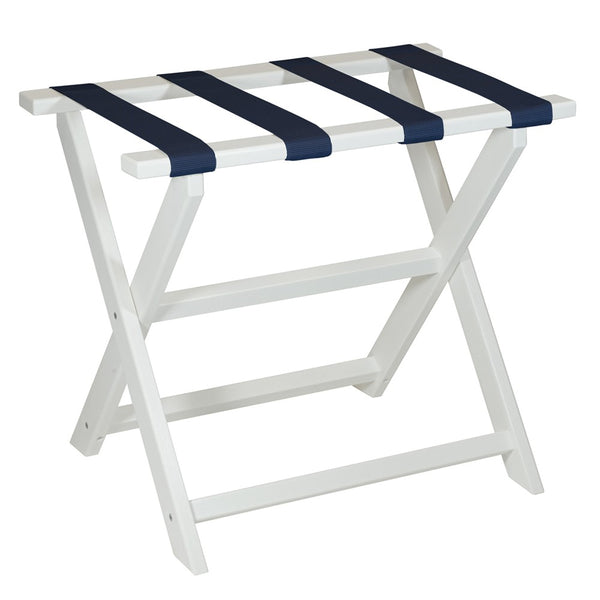 Earth Friendly White Folding Luggage Rack with Navy Straps