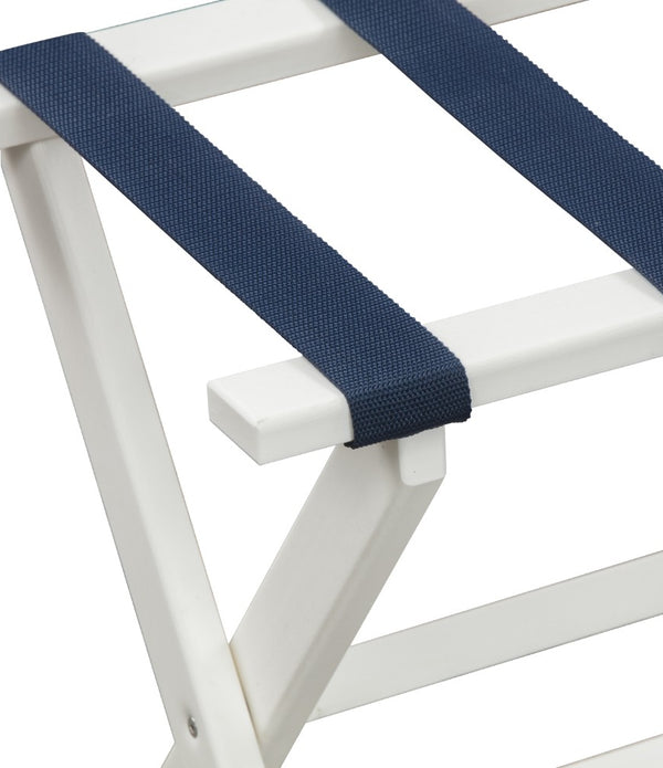 Earth Friendly White Folding Luggage Rack with Navy Straps