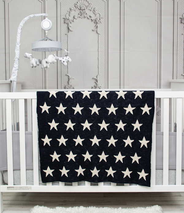 Navy Blue and White Stars Knitted Baby Blanket