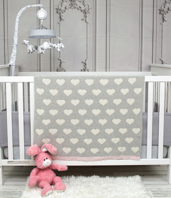 Grey and Ivory Hearts Knitted Baby Blanket