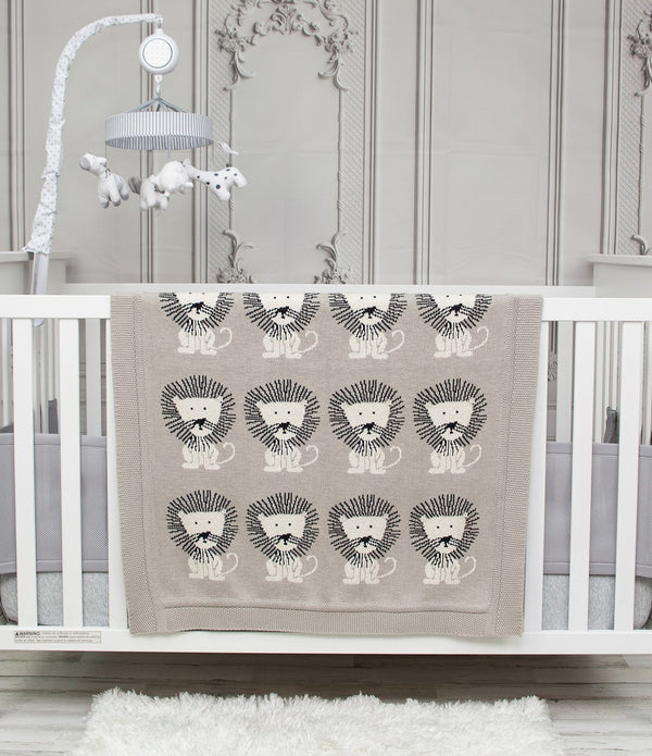 Grey Lots of Lions Woven Knitted Baby Blanket