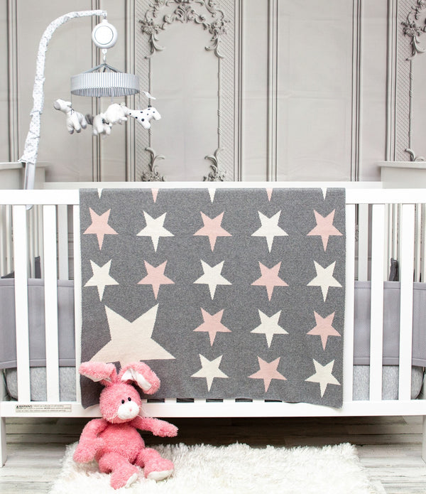 Grey Ivory and Pink Stars Knitted Baby Blanket