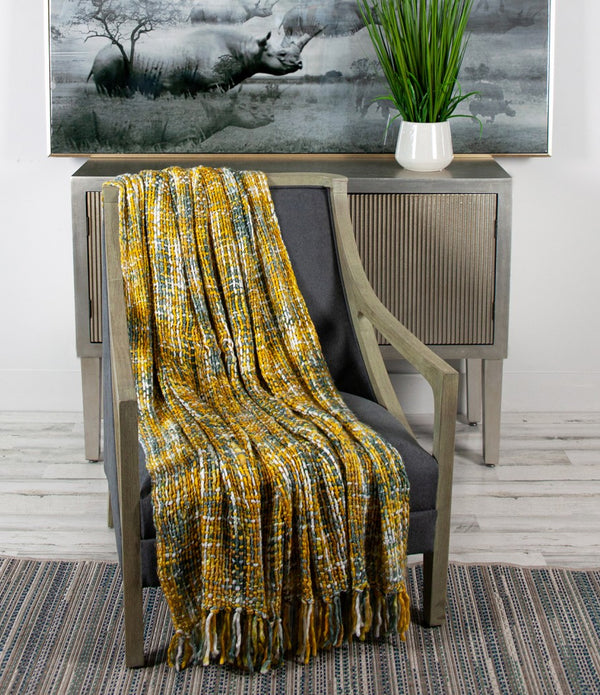 Boho Yellow and Gray Basketweave Throw Blanket