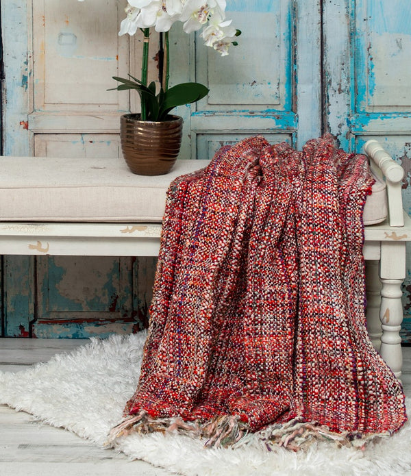 Boho Red and Purple Basketweave Throw Blanket