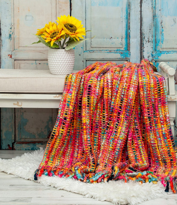 Boho Rainbow Basketweave Throw Blanket