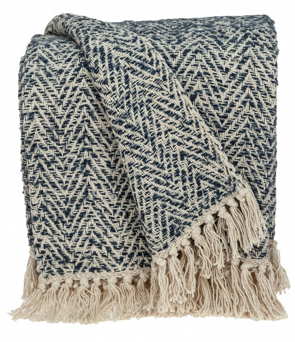 Navy and Cream Herringbone Throw Blanket