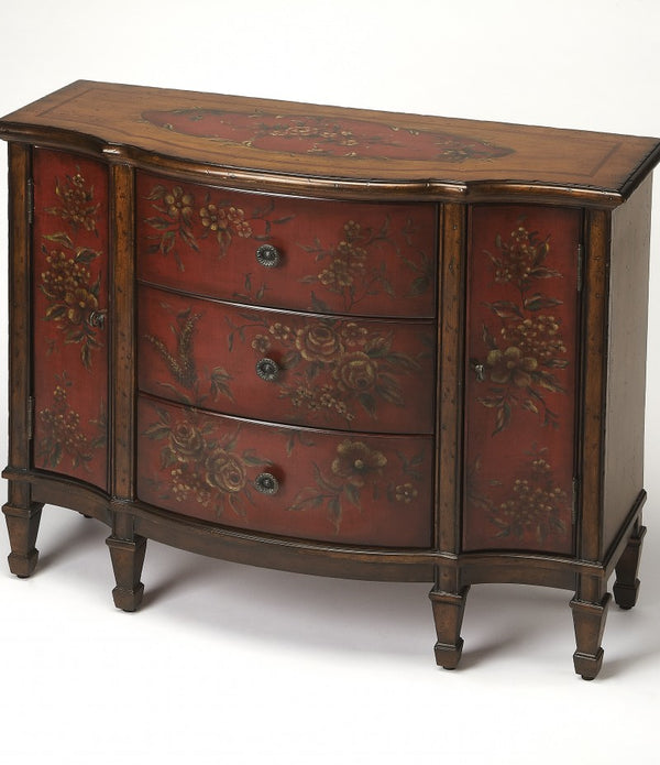 Red Floral Handpainted Wooden Console Cabinet