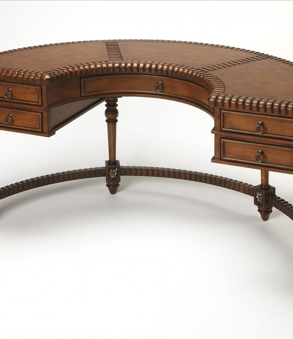 Hand Carved Leather Top Crescent Shape Desk