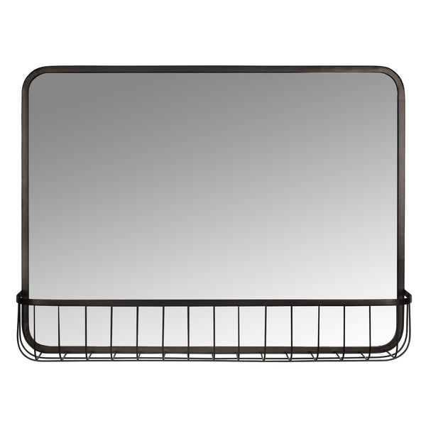 Black Modern Farmhouse Metal Wall Mirror with Basket