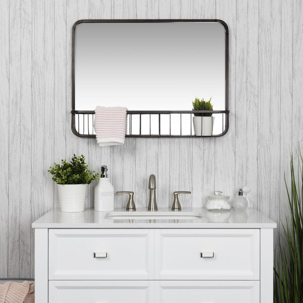 Black Modern Farmhouse Metal Wall Mirror with Basket