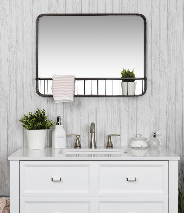 Black Modern Farmhouse Metal Wall Mirror with Basket