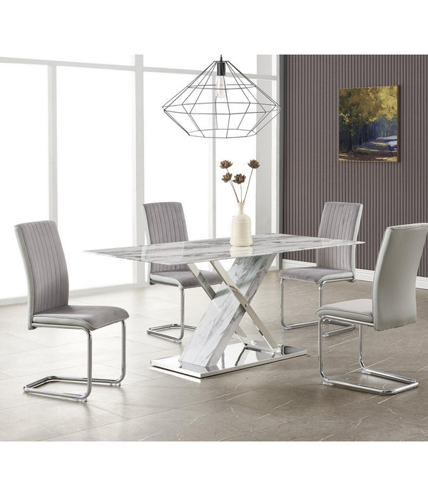 Elegant Marble Glass Top Dining Table with X Base Stainless Steel Accents