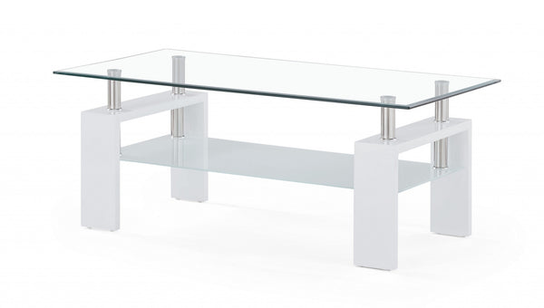 White glossy leg Coffee Table with Rectangular Clear Glass Top