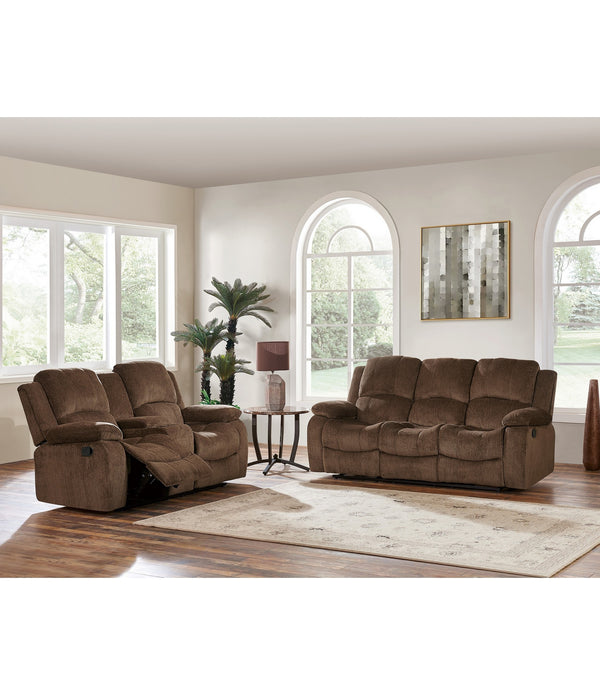 Coffee Brown Chenille Fabric Reclining Loveseat with Center Console and Cup Holders