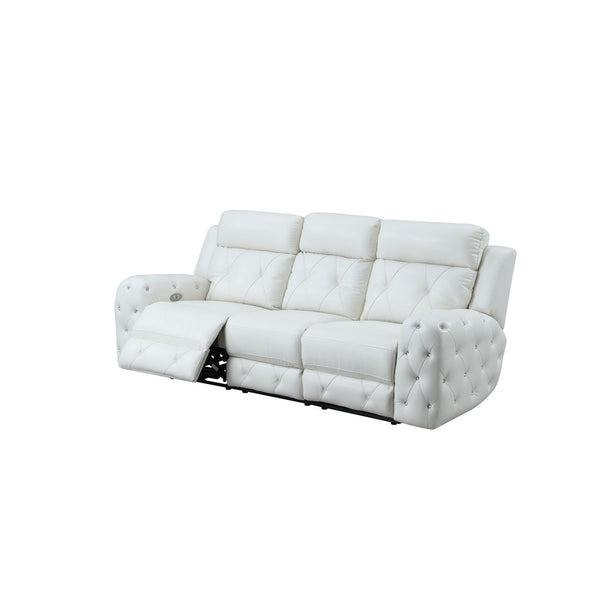 White Leather Gel Cover Power Reclining Sofa In Plushily Padded Seats  Jewel Embellished Tufted Design  Along With Recessed Arm