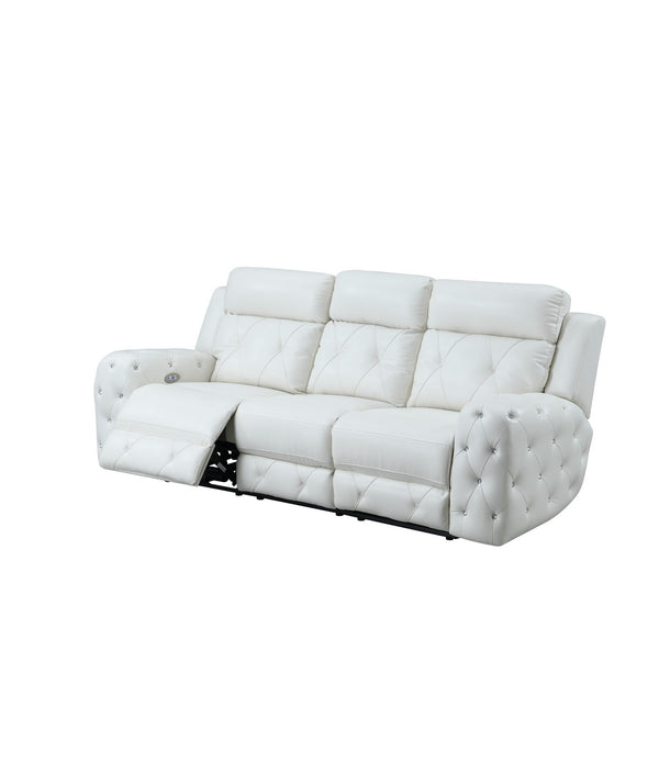 White Leather Gel Cover Power Reclining Sofa In Plushily Padded Seats  Jewel Embellished Tufted Design  Along With Recessed Arm