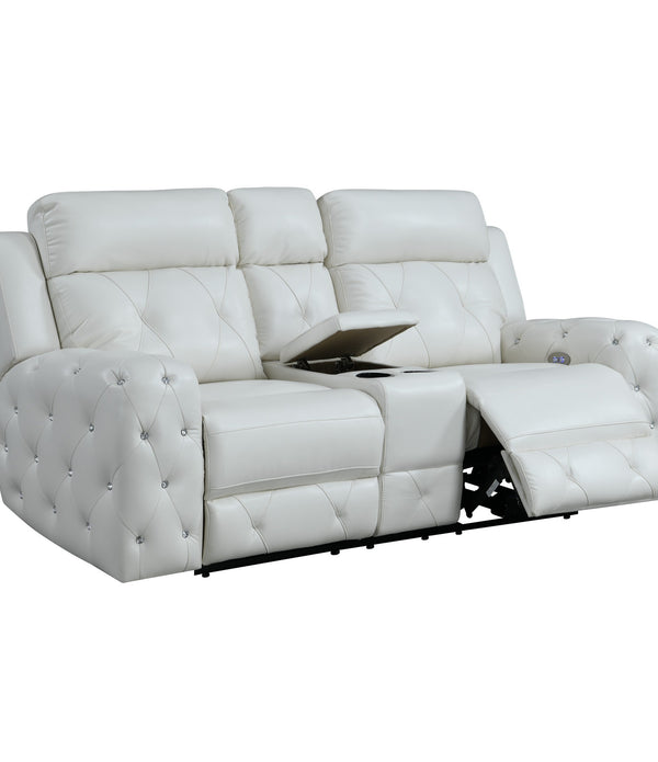 White Leather Gel Cover Power Console Reclining Loveseat in Plushily Padded Seats  Jewel Embellished Tufted Design  Along With Recessed Arm