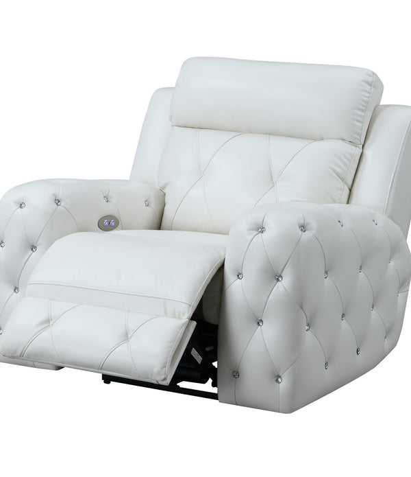 White Leather Gel Cover Power Recliner in Plushily Padded Seats  Jewel Embellished Tufted Design  Along With Recessed Arm