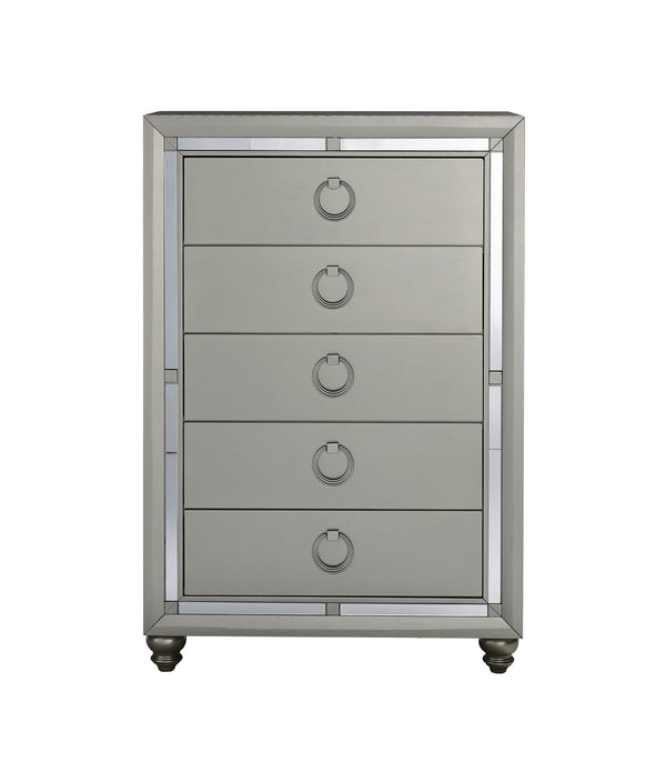 Silver Champagne Tone Chest with Mirror Trim Accent  5 Drawers